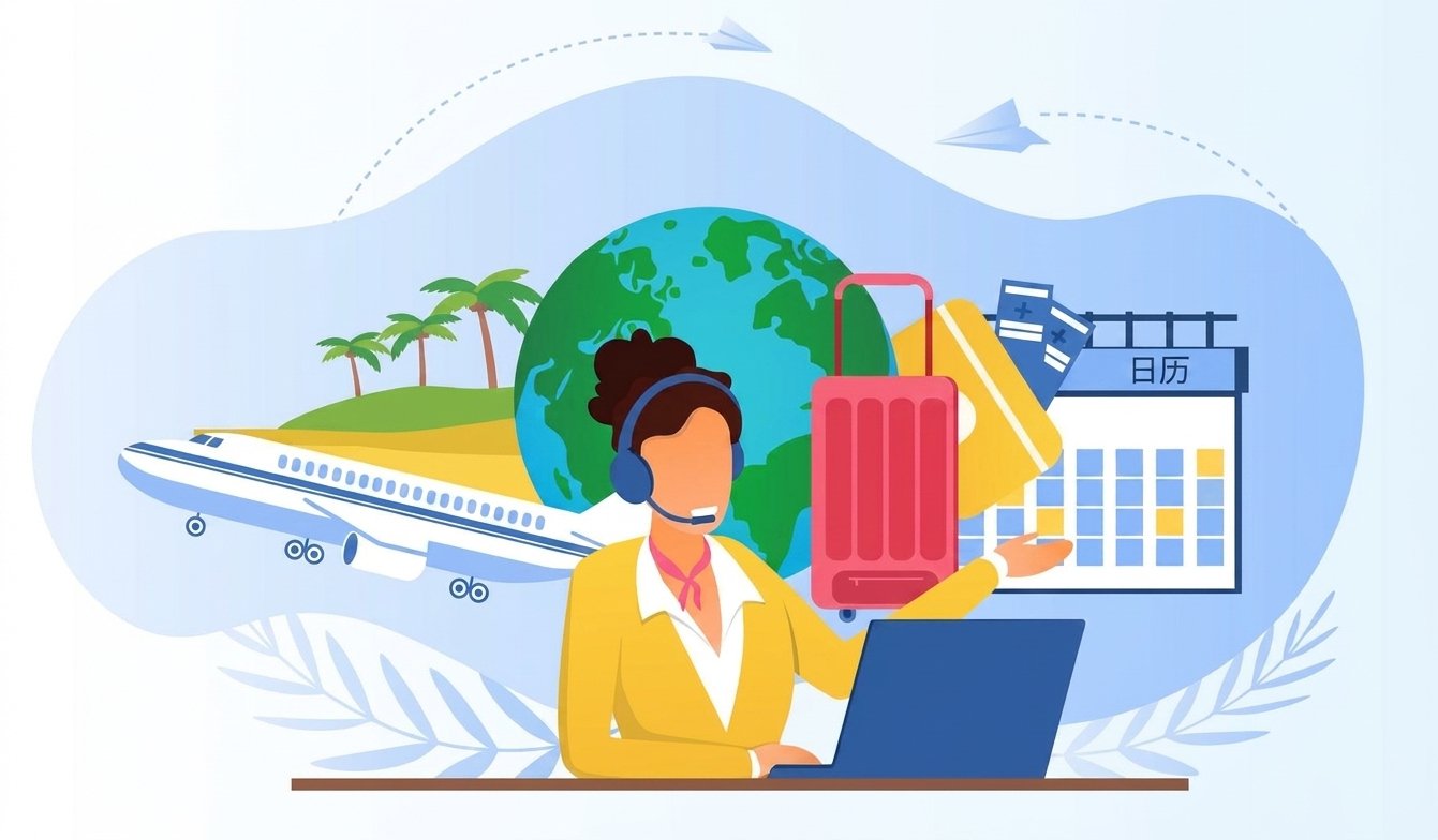 旅行社的卡通图，周围有飞机等出行元素