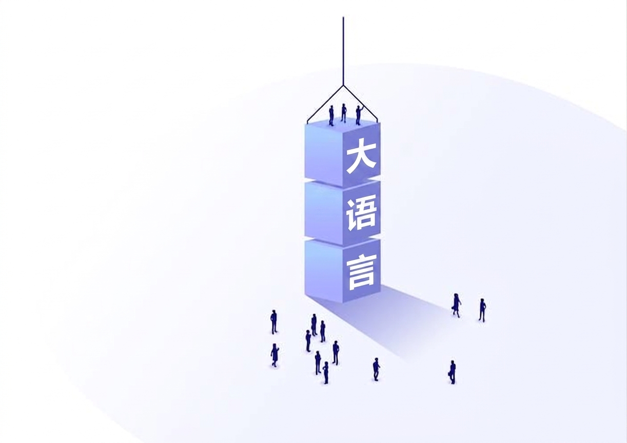 卡通图：人们观看方块堆叠拼出 LLM 的画面