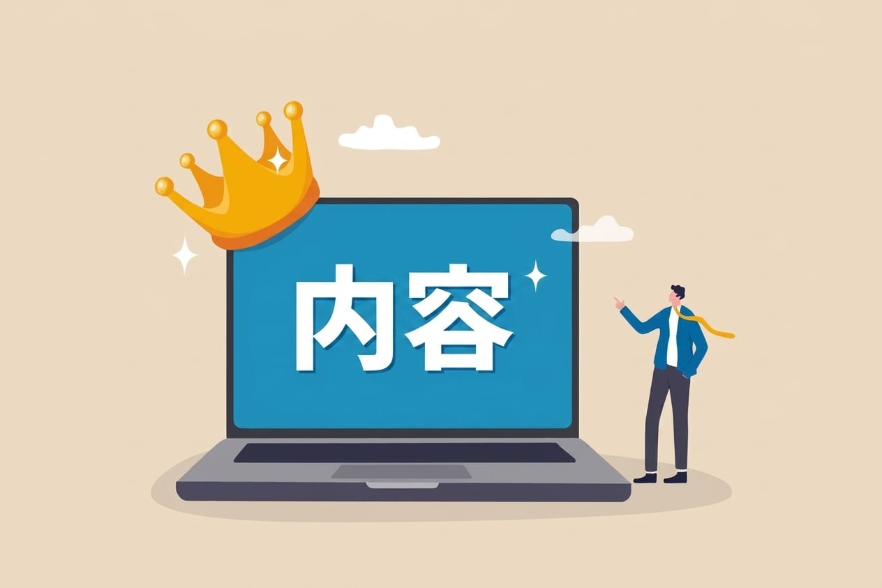 显示一台笔记本电脑，屏幕写有"content"，上方戴着王冠的图片