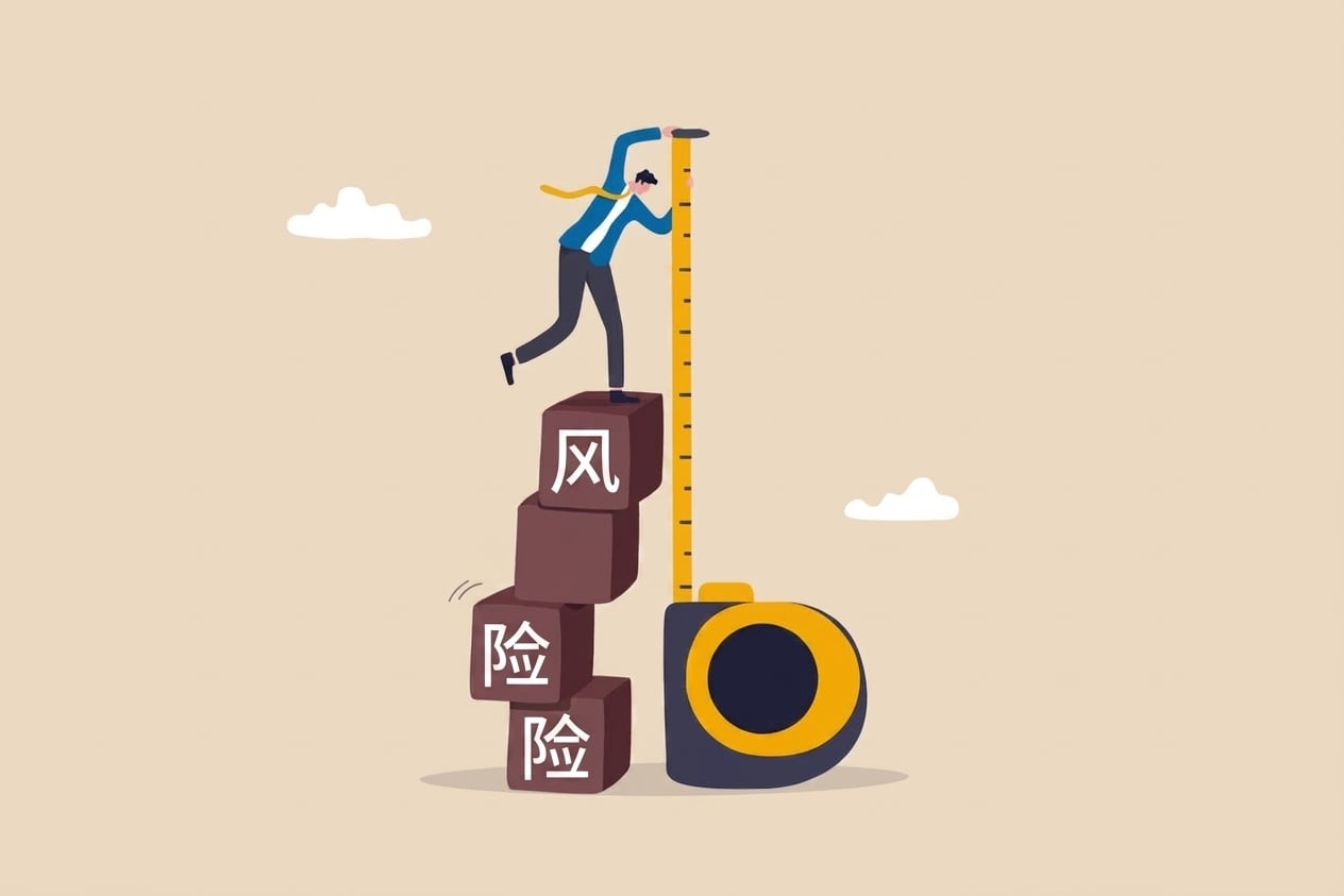卡通：男子站在拼成"Risk"的方块上测量高度