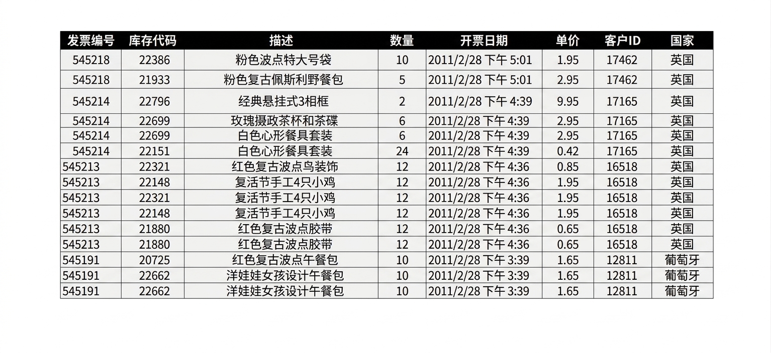 电商在线零售表的行视图