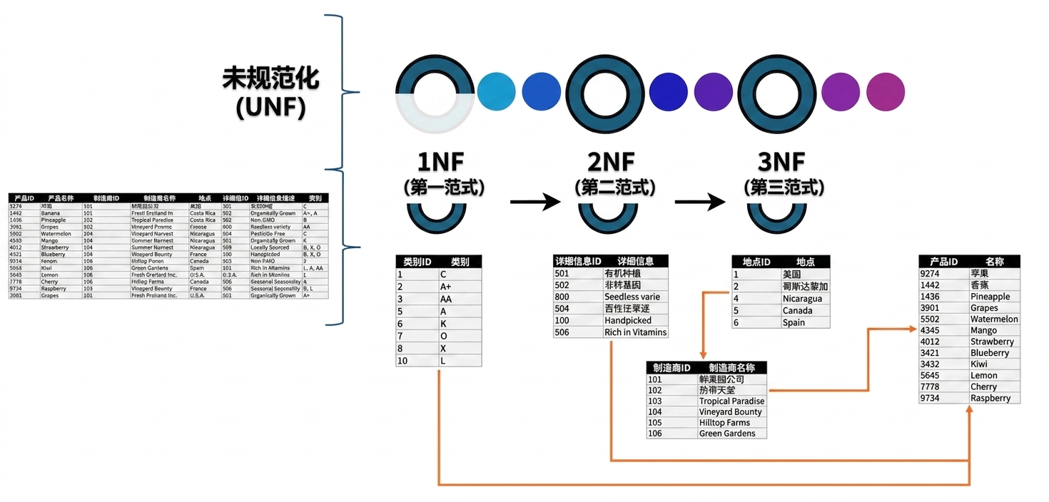 所有产品数据,从 UNF 到含关系的 3NF