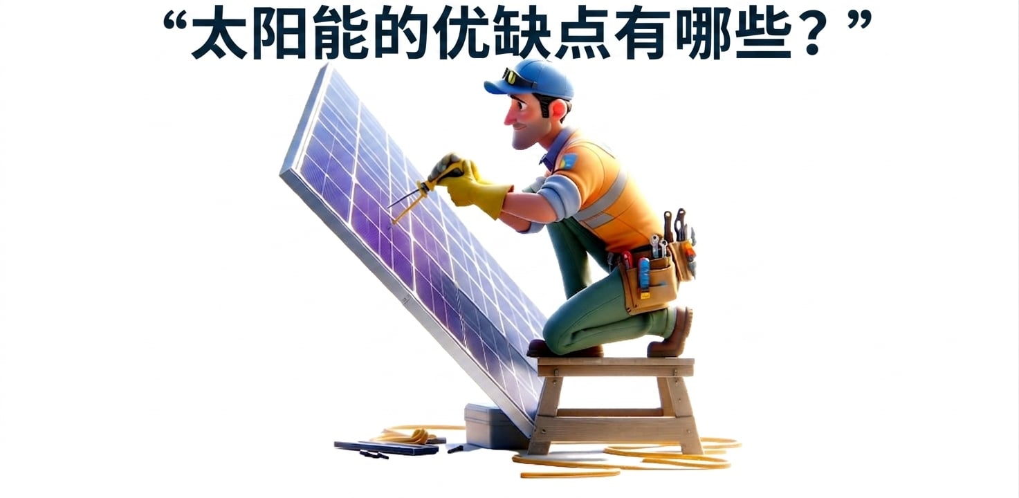 在太阳能板上工作的人，提示语为"what are the benefits and drawbacks of solar energy"（太阳能的优缺点是什么）