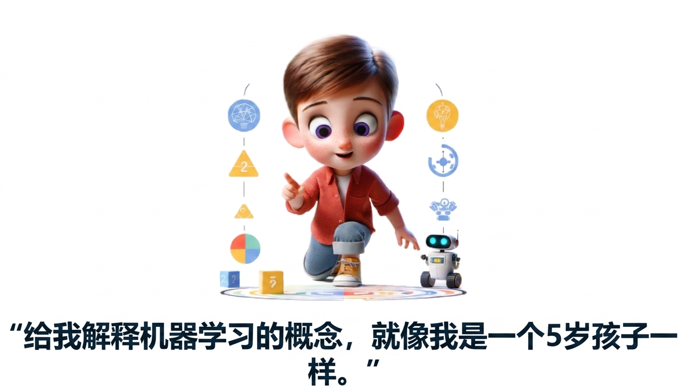 一个五岁儿童与提示词"像我5岁一样解释机器学习的概念"