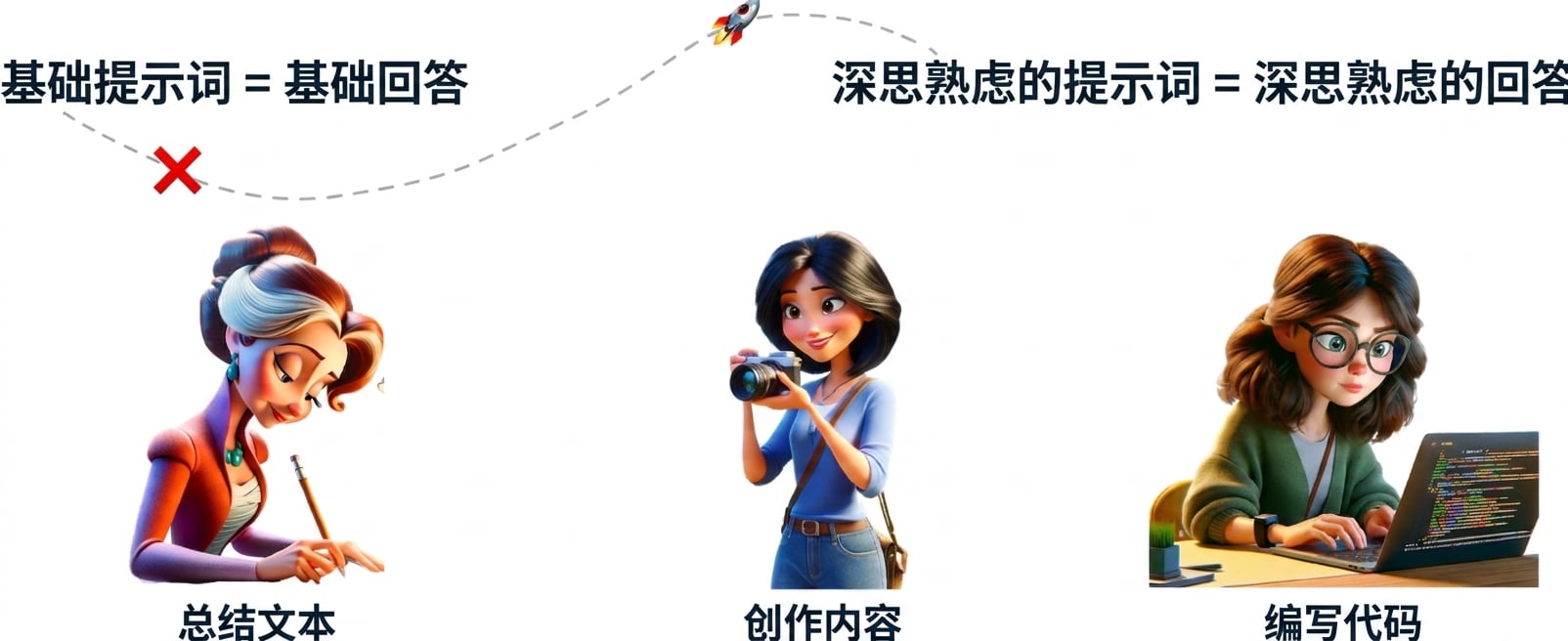 Cartoon illustrations of a person writing, another taking a photograph, and a third writing code