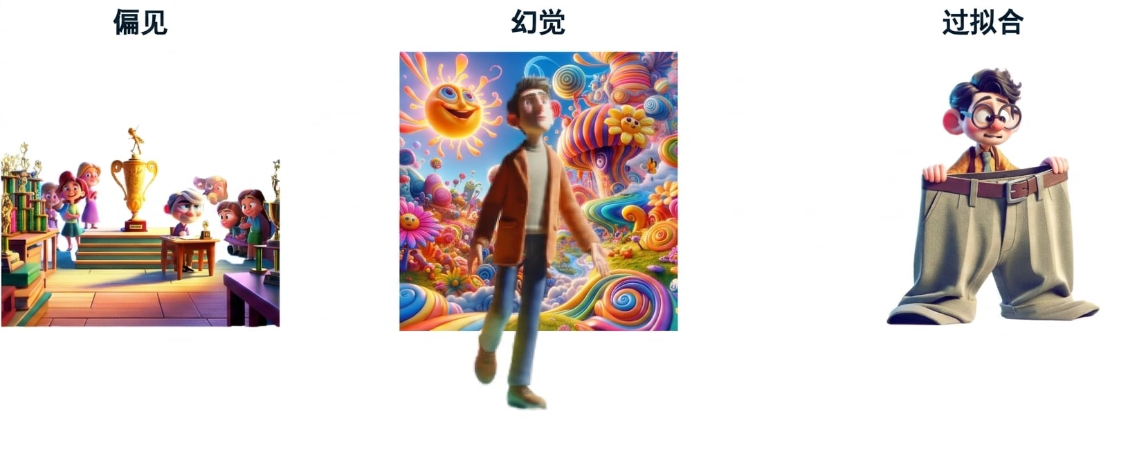 卡通插画：获奖孩童被旁人注视、出现幻觉的人、穿着过大裤子的年轻人