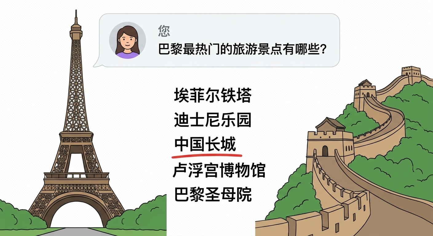 关于巴黎顶级景点的问题，错误答案被高亮