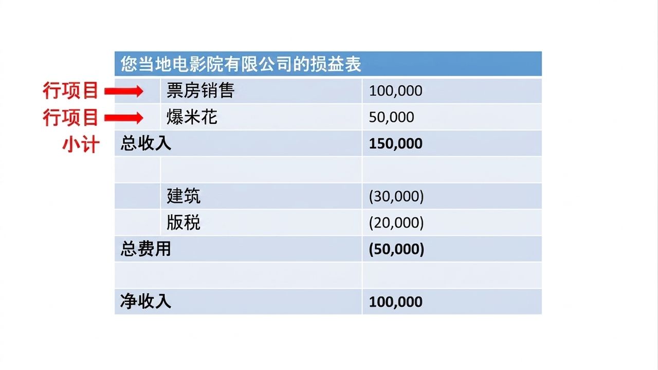利润表：收入项目与小计高亮