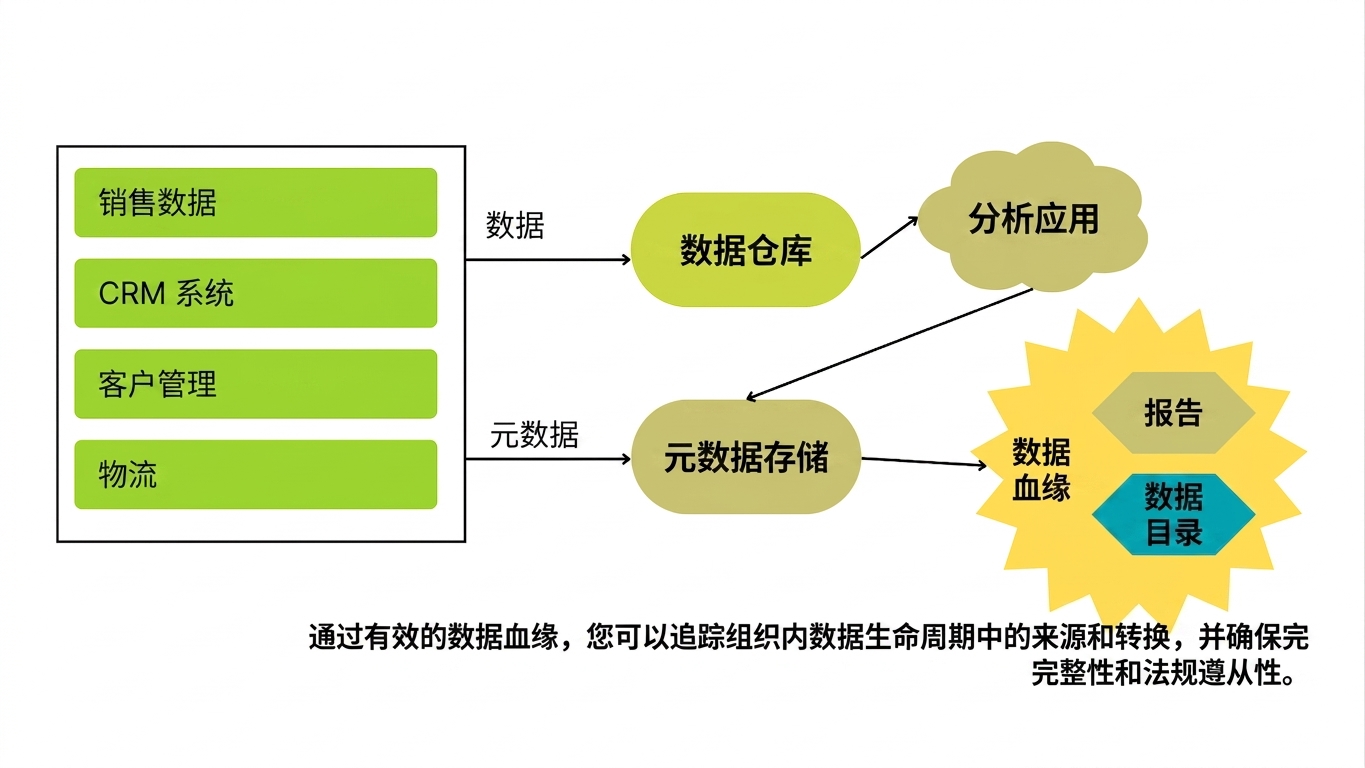 左侧系统数据通过元数据管理被转换为报告和数据目录