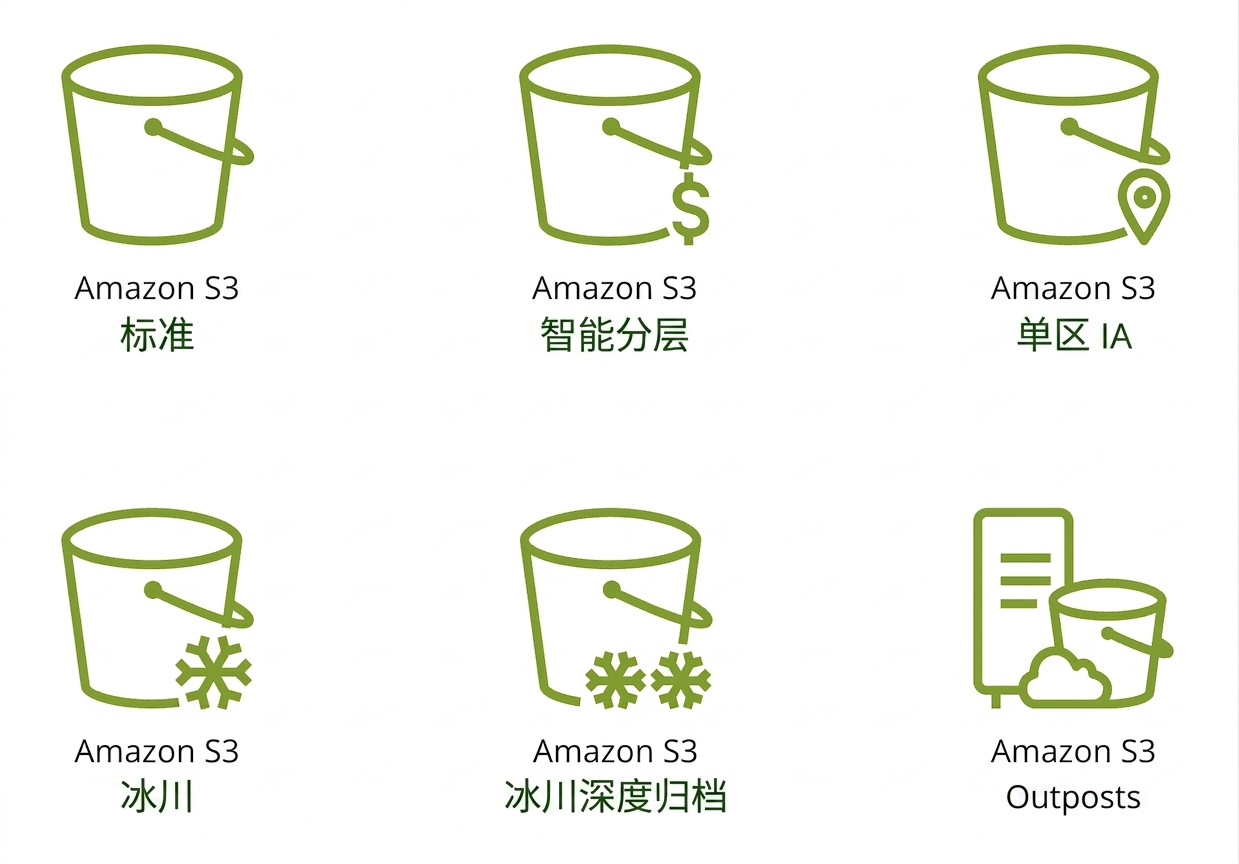 六个图标，表示 S3 提供的六种存储类别。