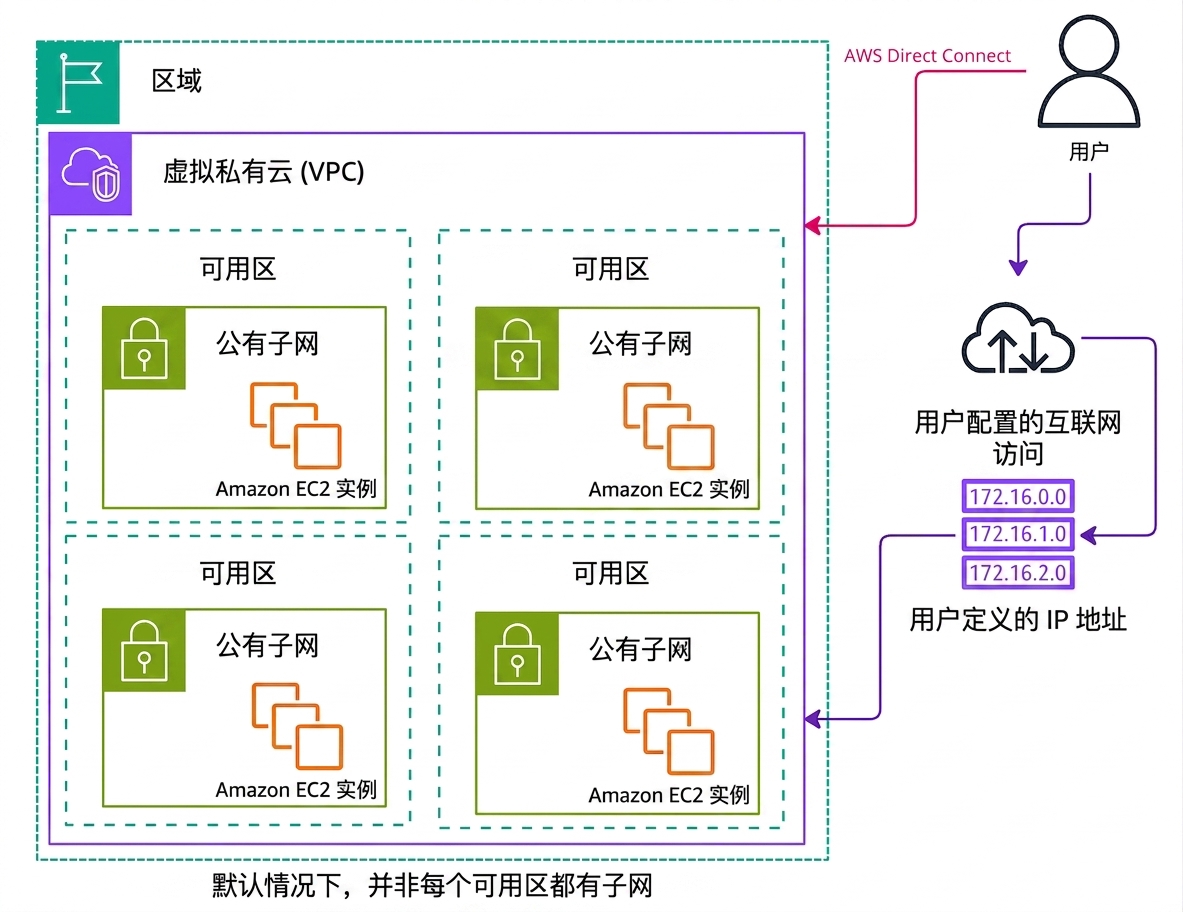 架构图解释 AWS 中的自定义 VPC。