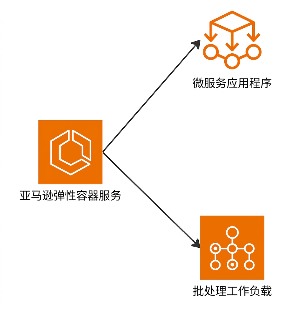 一张分支图,突出 Elastic Container Service 对微服务与批处理应用的支持。
