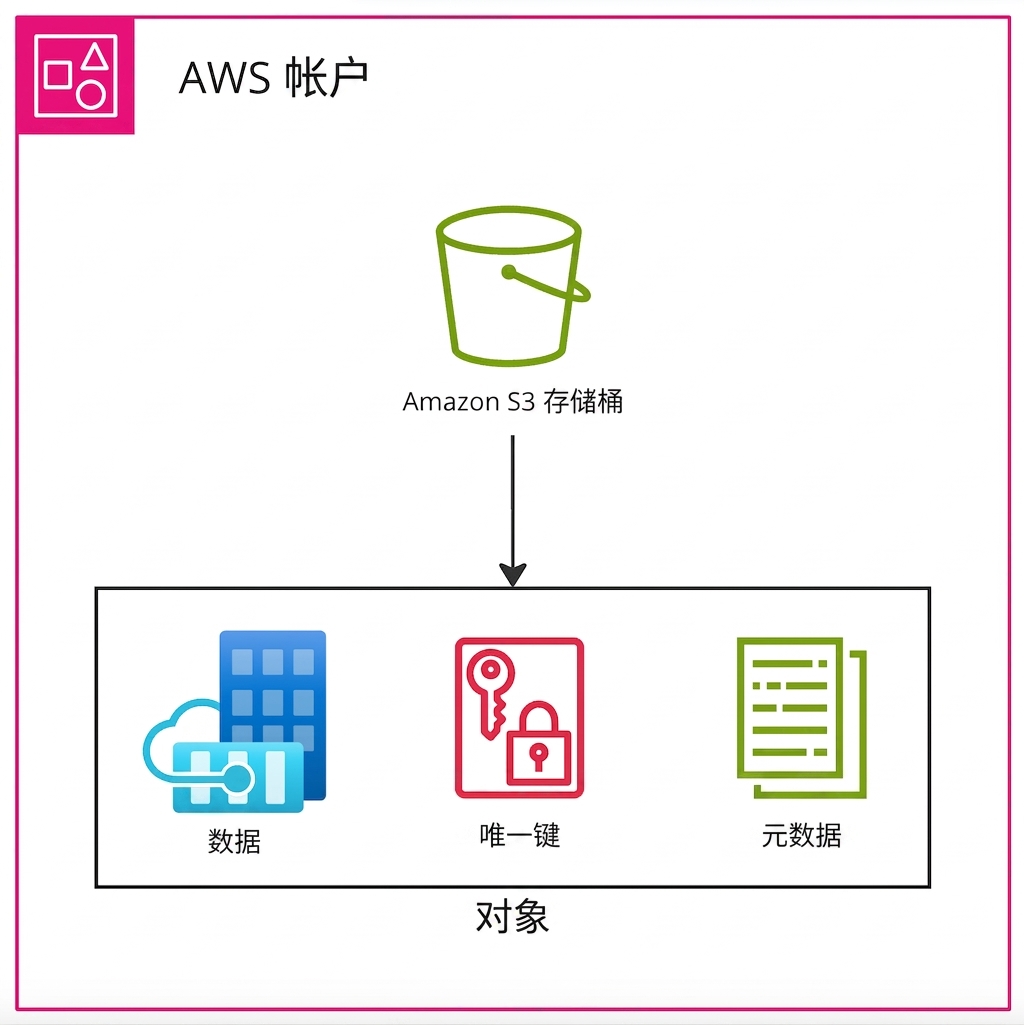 展示 AWS 账户、S3 存储桶与对象关系的层级图。