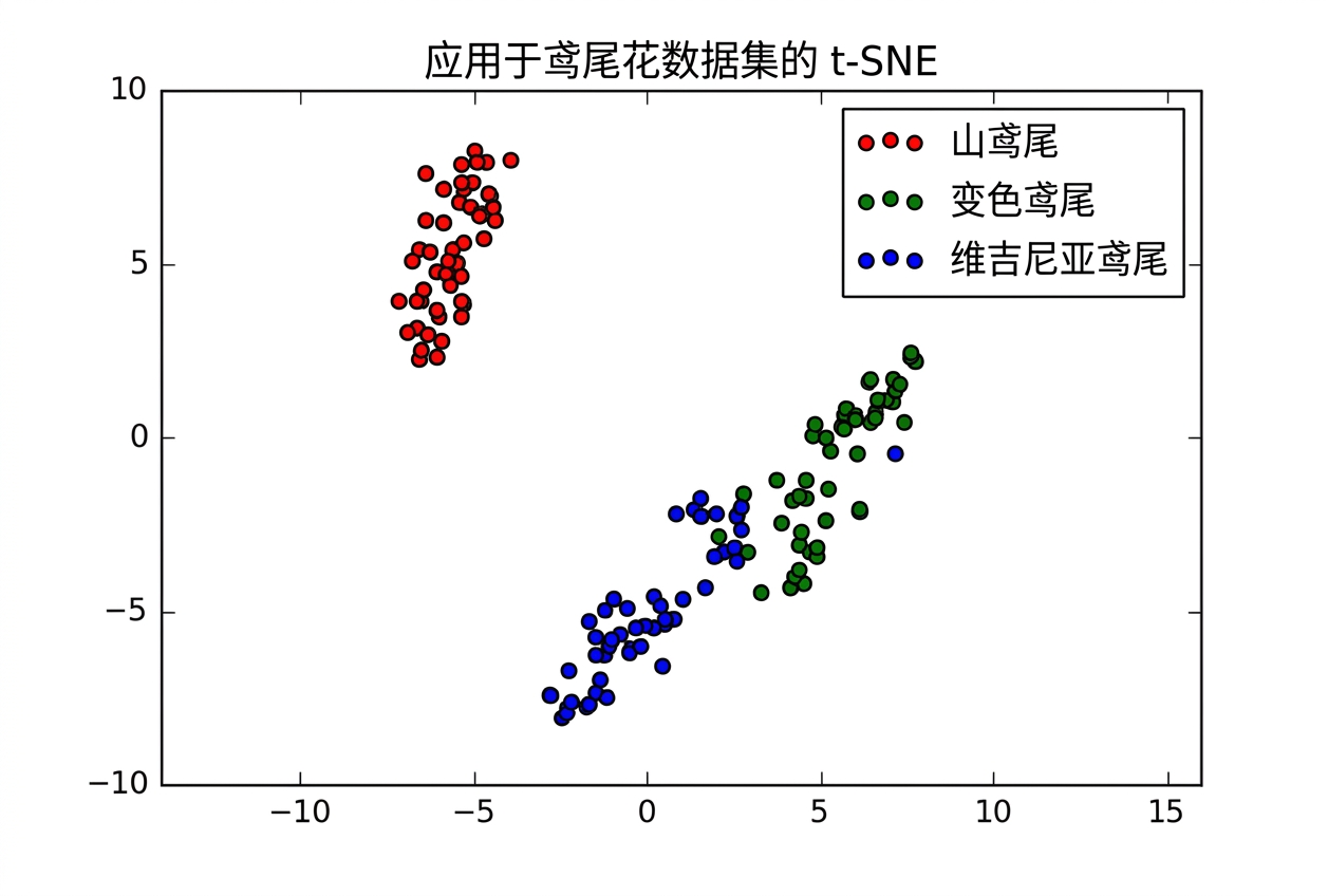 对 Iris 数据集进行 t-SNE 的散点图