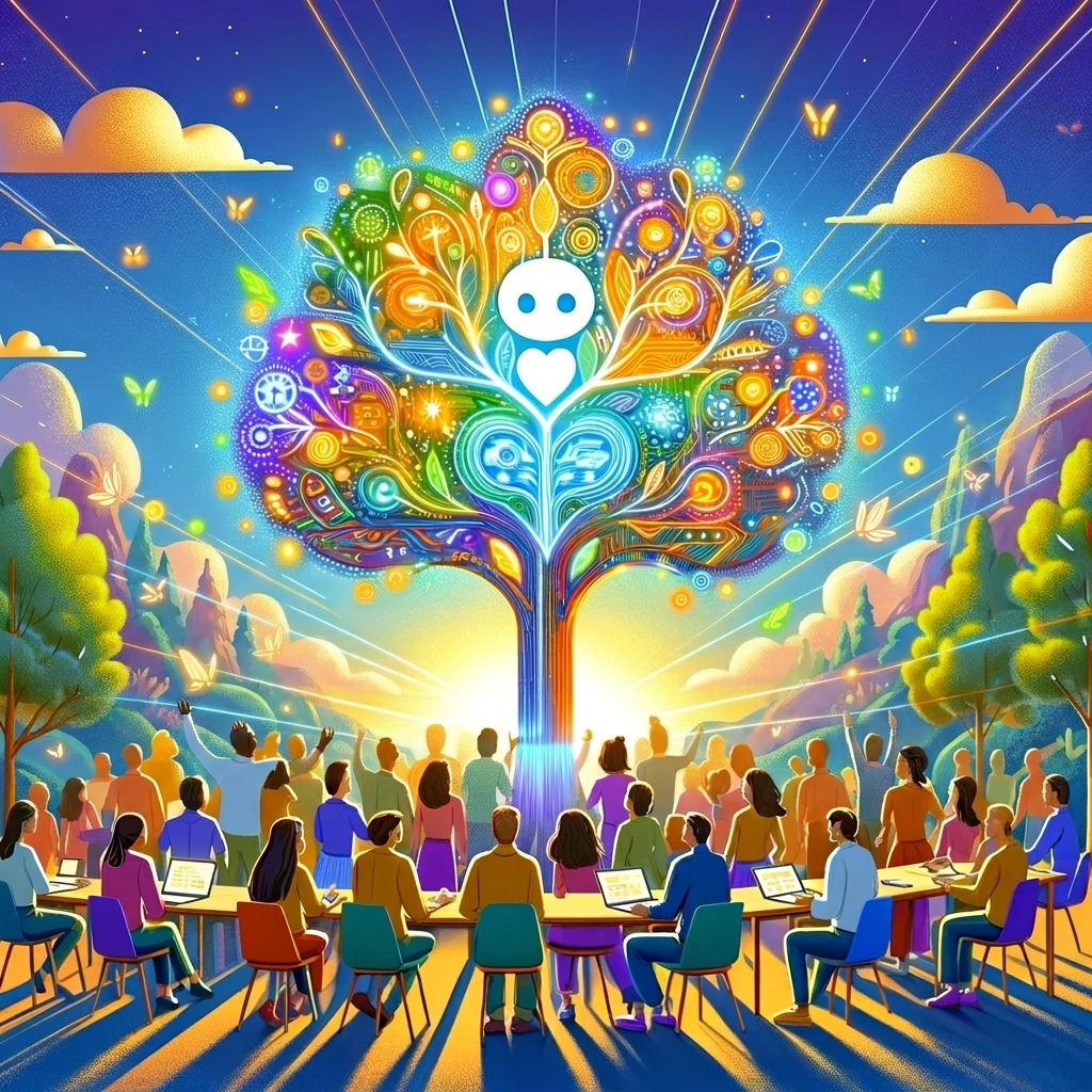 一棵色彩缤纷的树，周围是一群多元人群围坐在桌旁