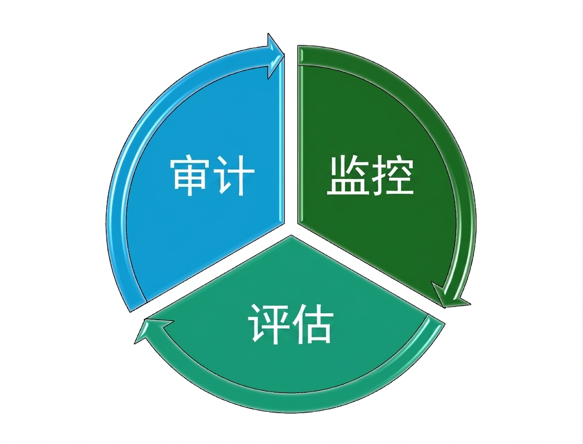 一个包含三个要素的饼图：Monitor、Evaluate 和 Audit