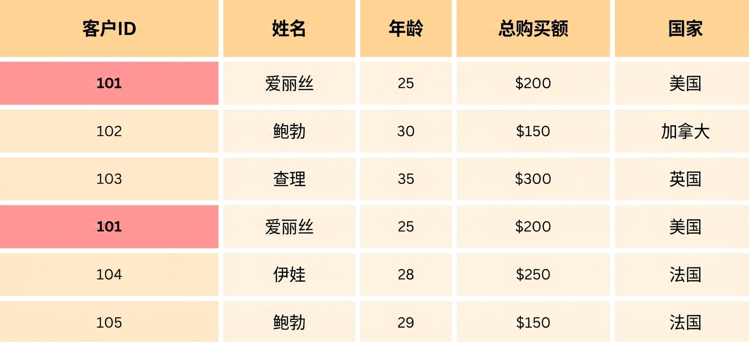 突出显示客户ID的去重表。