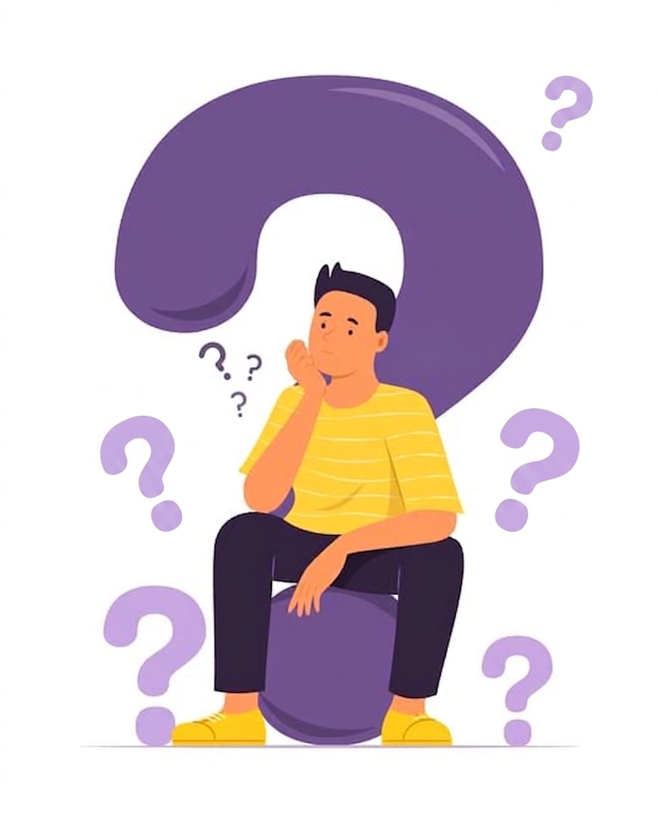 卡通图：人物坐在巨大的紫色问号上