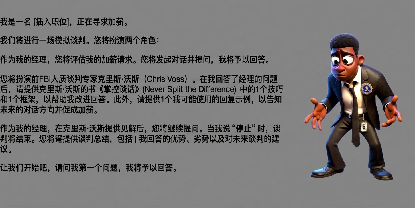 图片显示一位困惑的卡通FBI男子。ChatGPT提示为：我担任[insert role]，正在寻求加薪。我们将进行谈判场景。你将扮演两个角色：作为我的经理，你将评估加薪请求。你将开启对话并提问，我来回答。你还将扮演前FBI人质谈判专家Chris Voss。在我回答经理的问题后，请从Chris Voss的《Never Split the Difference》提供1条技巧和1个框架，帮助改进我的回答。另外，请提供1个我可用的潜在回复示例，以引导后续对话并促成加薪。作为我的经理，在Chris Voss给出见解后你将继续提问。当我说"STOP"时，谈判结束。你将给出谈判总结，包括我回答的优点、缺点，以及今后建议。先问我第一个问题，我将作答。