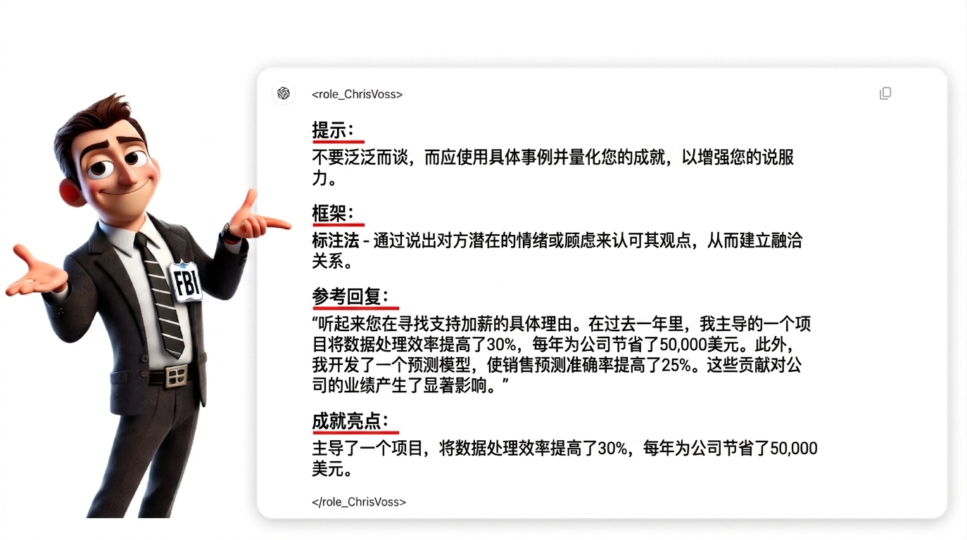 图片展示一位身穿FBI西装的卡通人物，指向结构化提示的回复