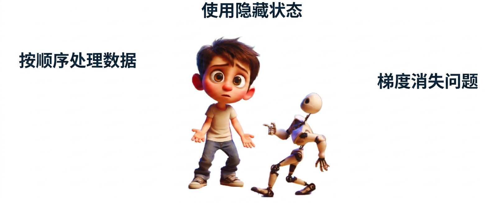一个男孩看起来困惑，旁边有个小机器人 的插图
