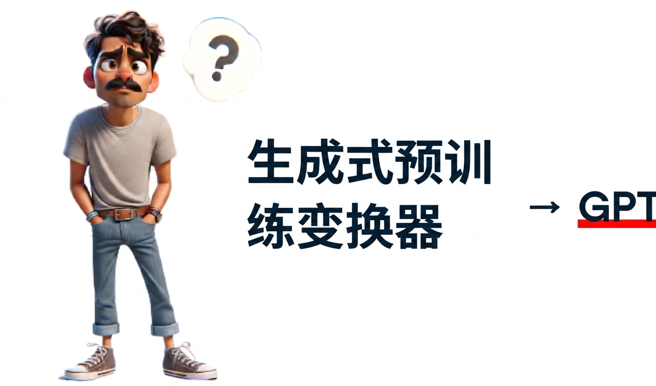 一位困惑的男子，头上有问号。其右侧显示"Generative Pre-trained Transformer"，箭头指向加粗并下划线的"GPT"