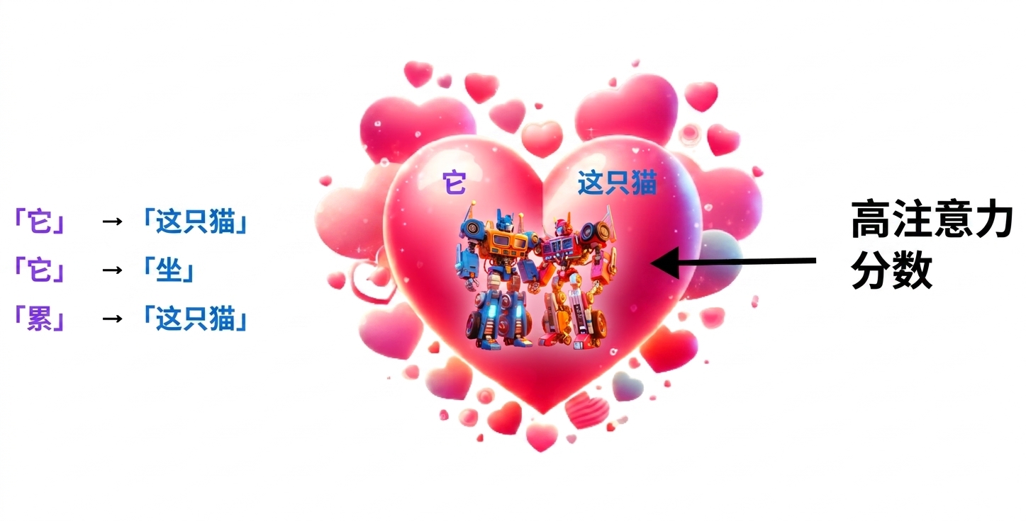 画面中两个彩色机器人置于一个大的粉色爱心内，周围有小爱心。左侧机器人标注"it"，右侧标注"the cat"。爱心左边竖排三段蓝色文字："the cat""sat""the cat"。