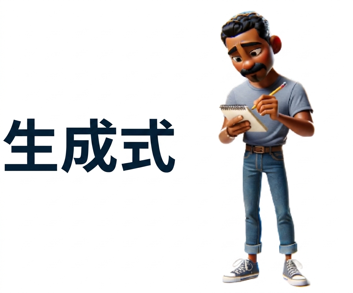 一名男子用铅笔在笔记本上写字。其左侧显示"Generative"一词