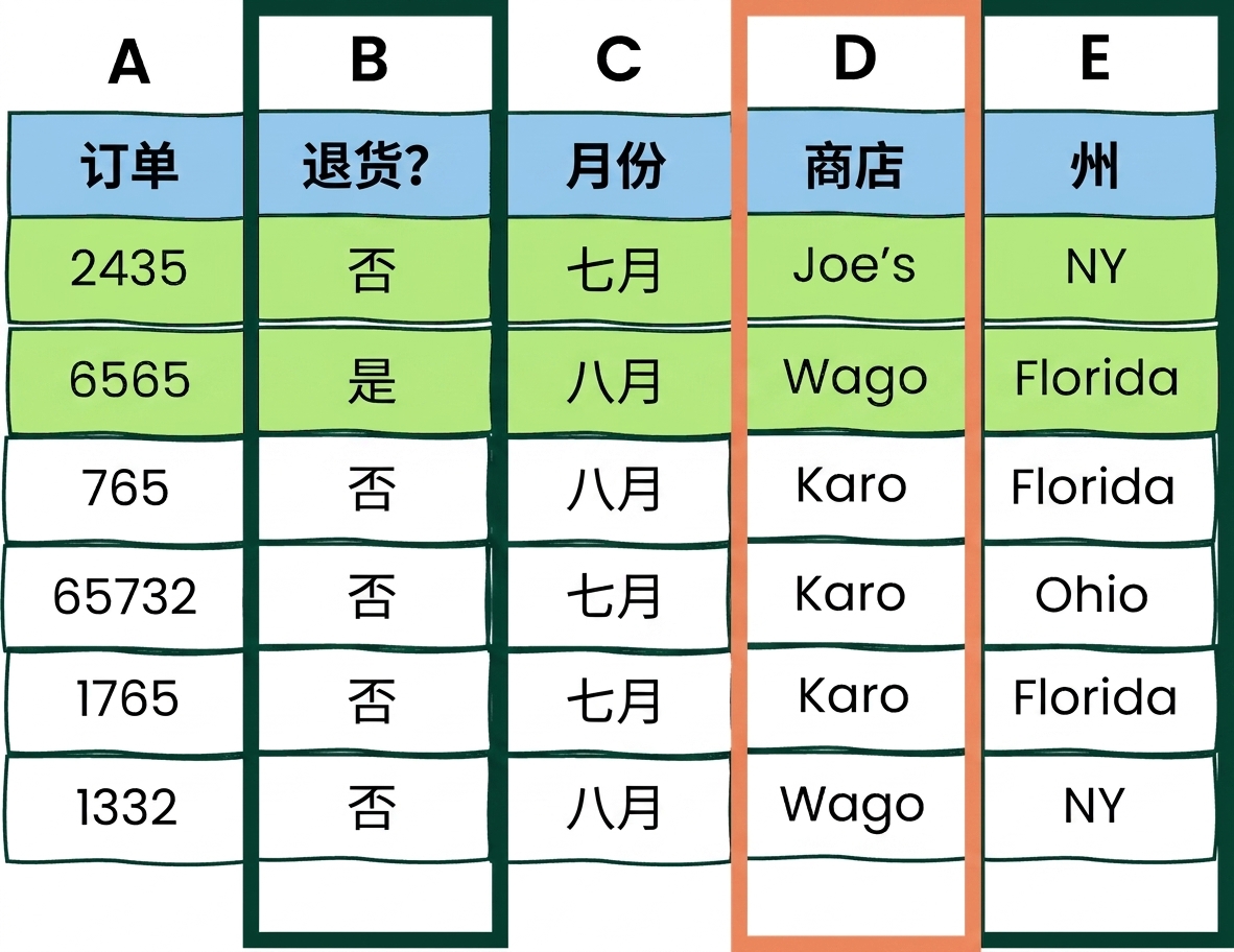 含两个 AND 和一个 OR 条件的 Excel 表示例