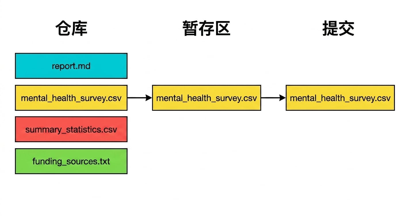 仓库中有四个文件,其中三个已加入暂存区且有一个已提交:report.md、mental health survey.csv、summary statistics.csv