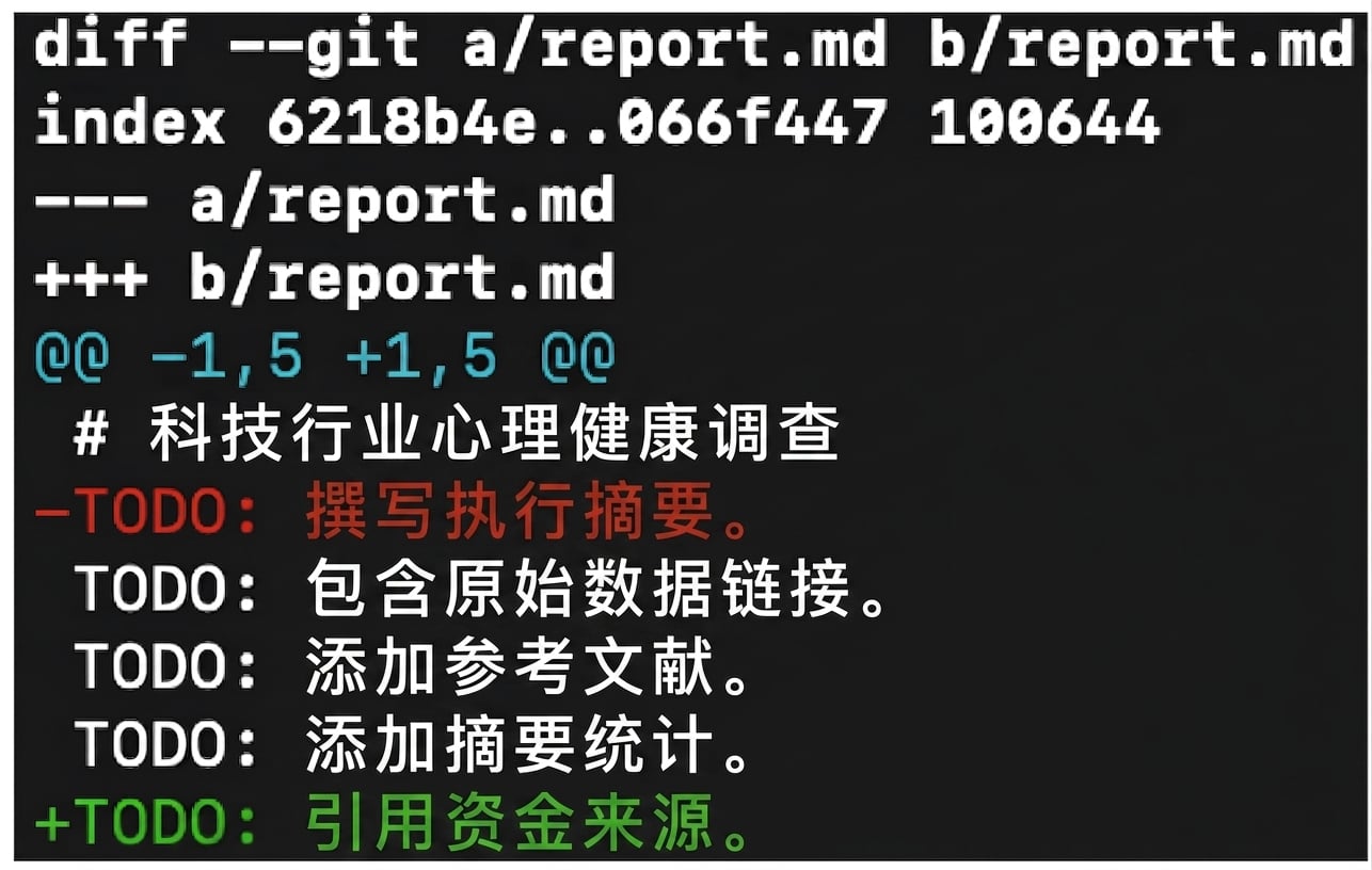 git diff 输出显示:移除了"TODO: write executive summary.",新增"TODO: cite funding sources"