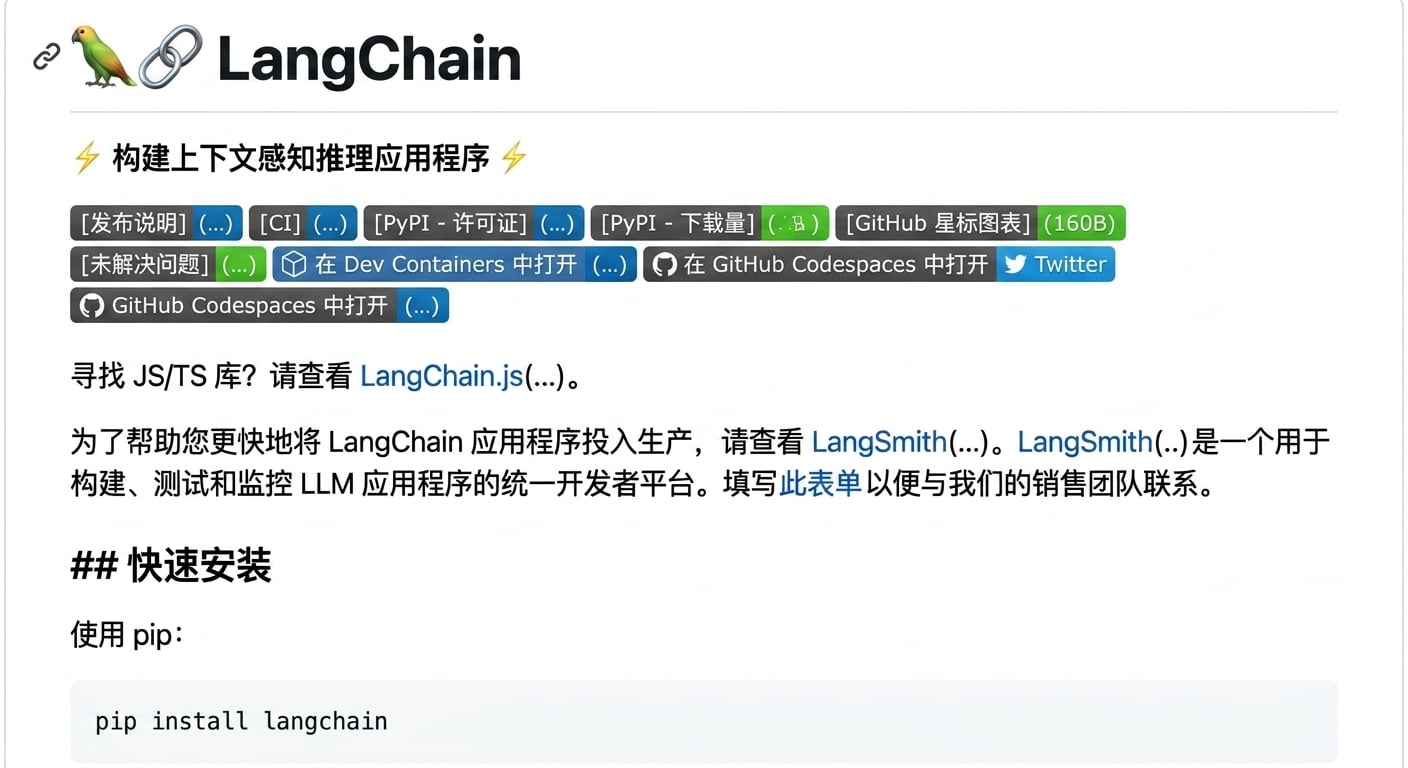 LangChain GitHub 仓库中用于创建 README 的原始 Markdown。
