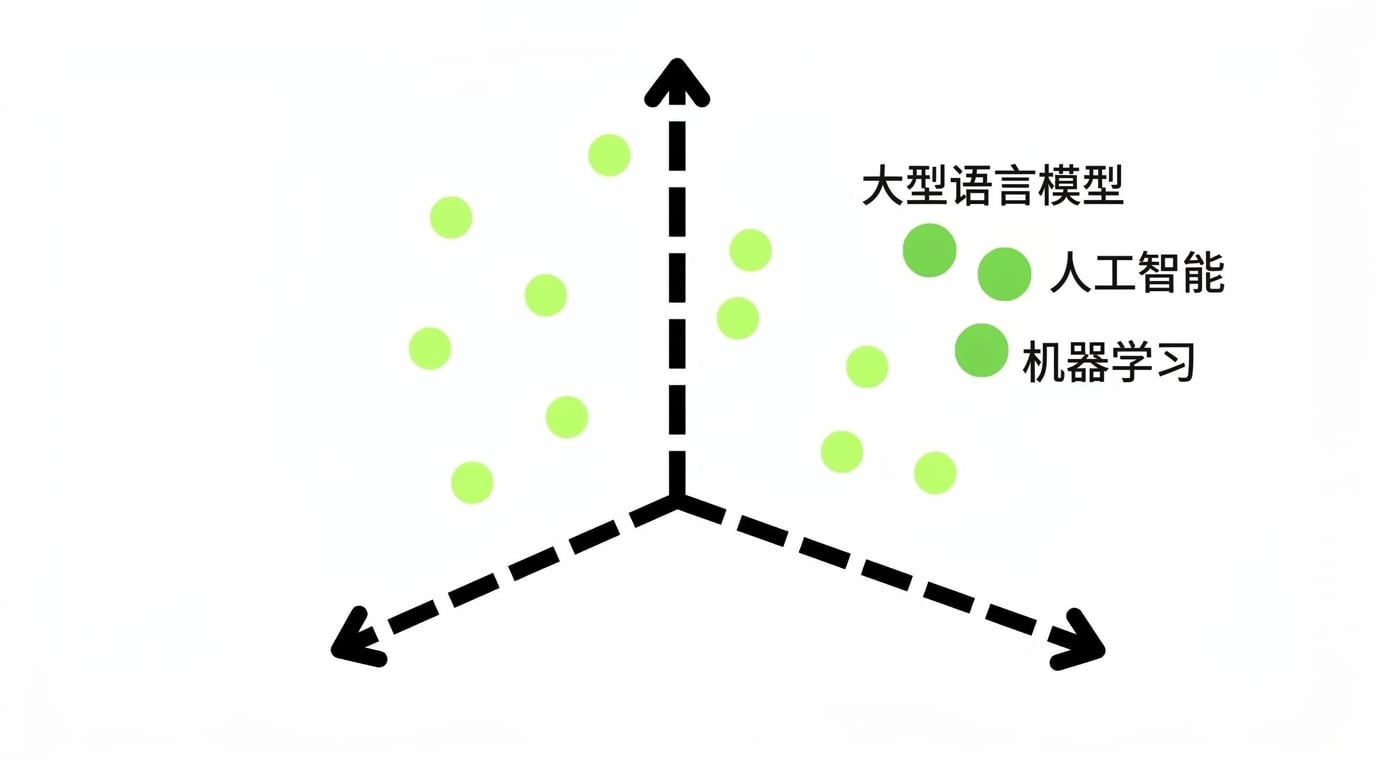 一个向量空间,类似术语聚在一起:Large Language Model、AI、Machine Learning。