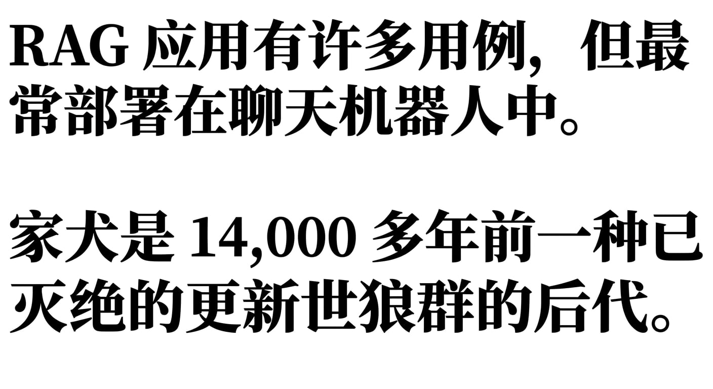 一段包含 RAG 应用的句子和一条关于狗的句子的段落。