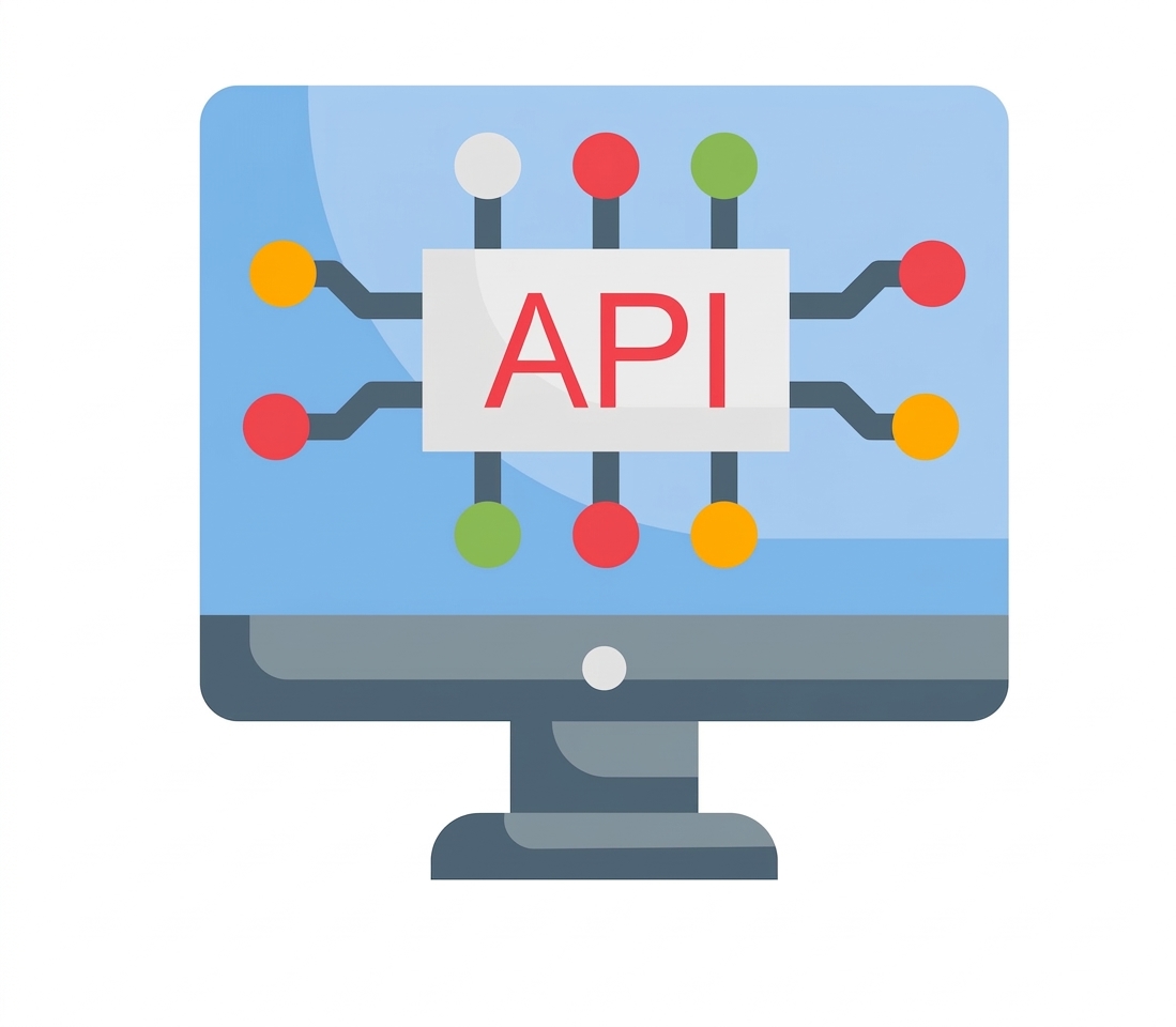 桌面显示器中央有微芯片图案,内写"API"。
