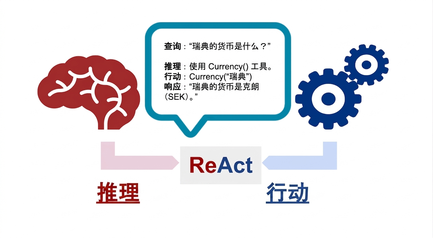 大脑与齿轮及对话气泡，表示 ReAct 代理的组成，并在下方标注 ReAct。