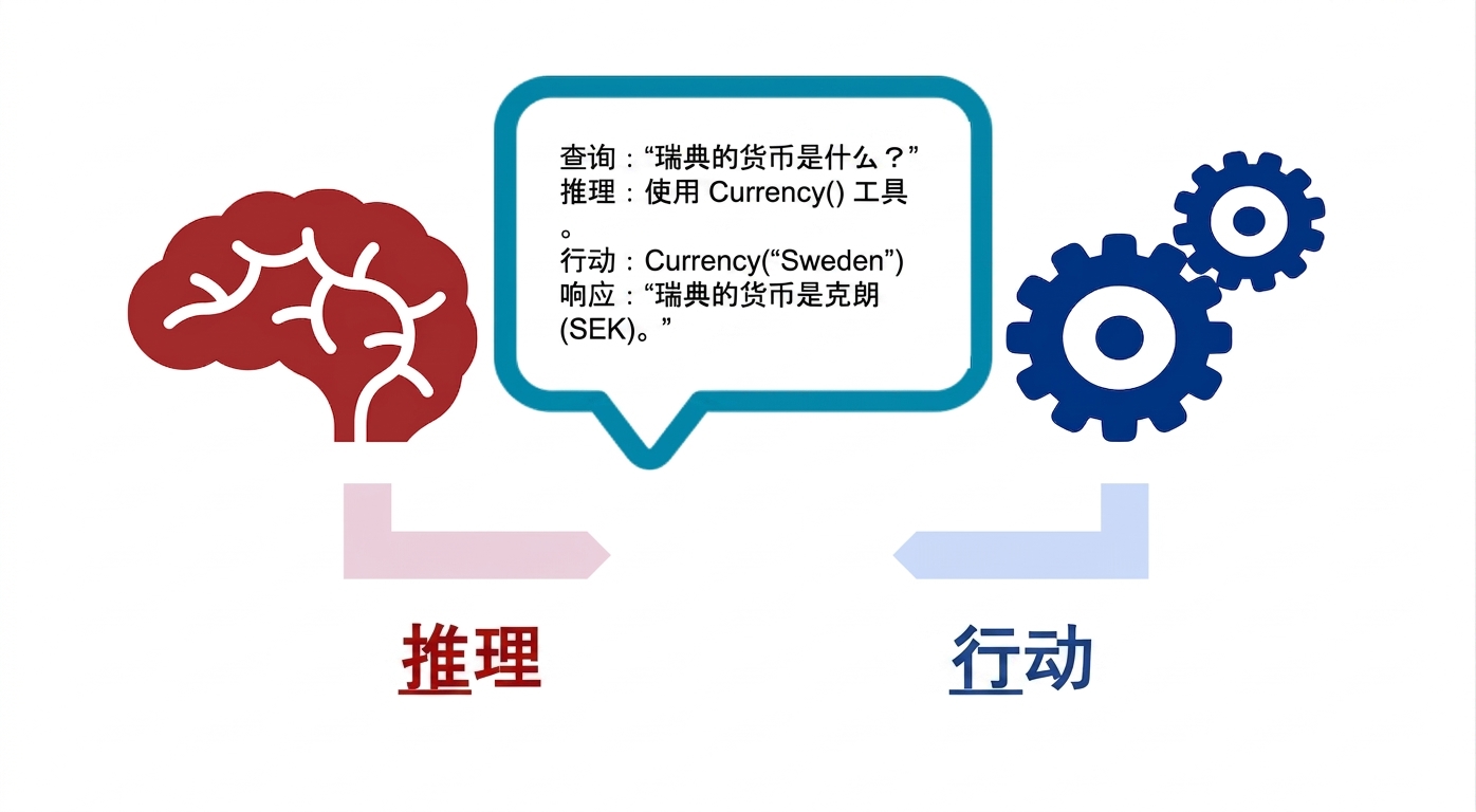 大脑、行动齿轮与含查询、推理、行动和响应的对话气泡示意图。