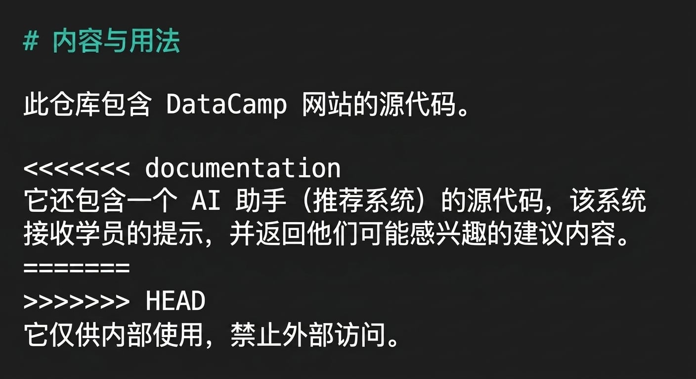 使用 nano 查看 README 文件中的冲突区段