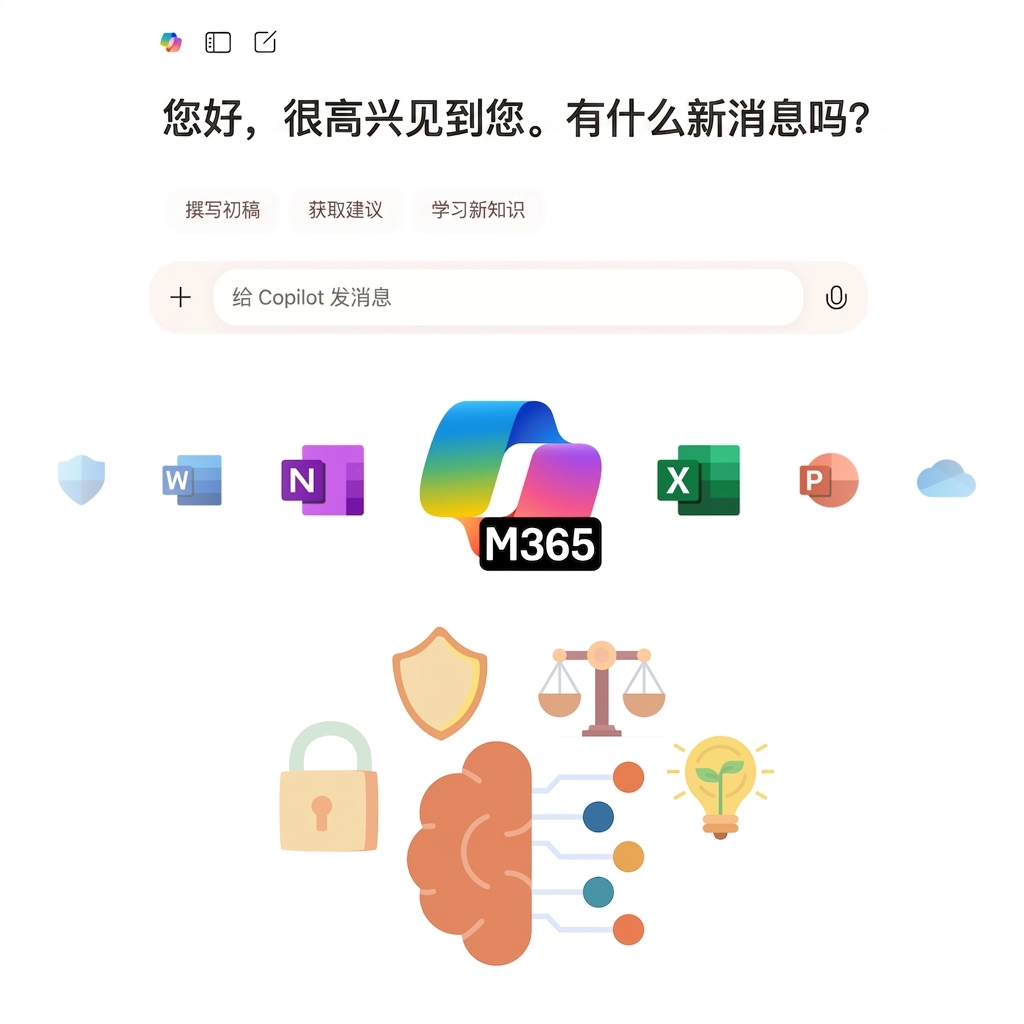 Copilot 聊天与 Copilot 365 图标，以及负责任 AI 的图标表示