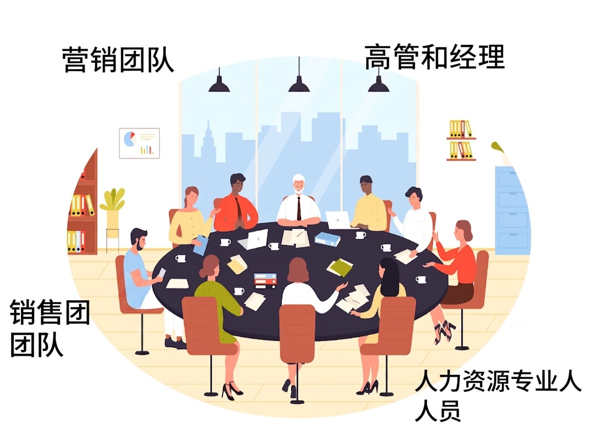 一群多元化的专业人士（市场、销售、人力资源和高管）在会议室的大桌旁开会的插图。