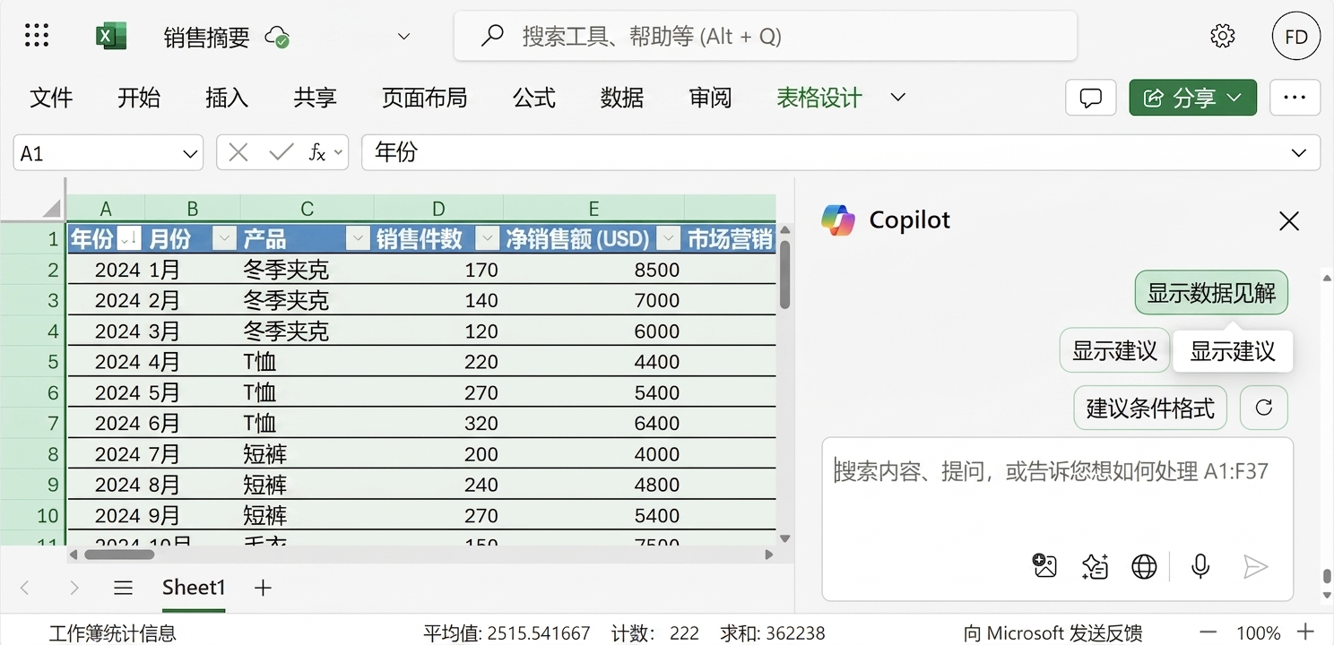 打开的 Excel 文档，显示服装产品数据；侧边打开 Copilot 聊天，用户请求展示数据洞察。