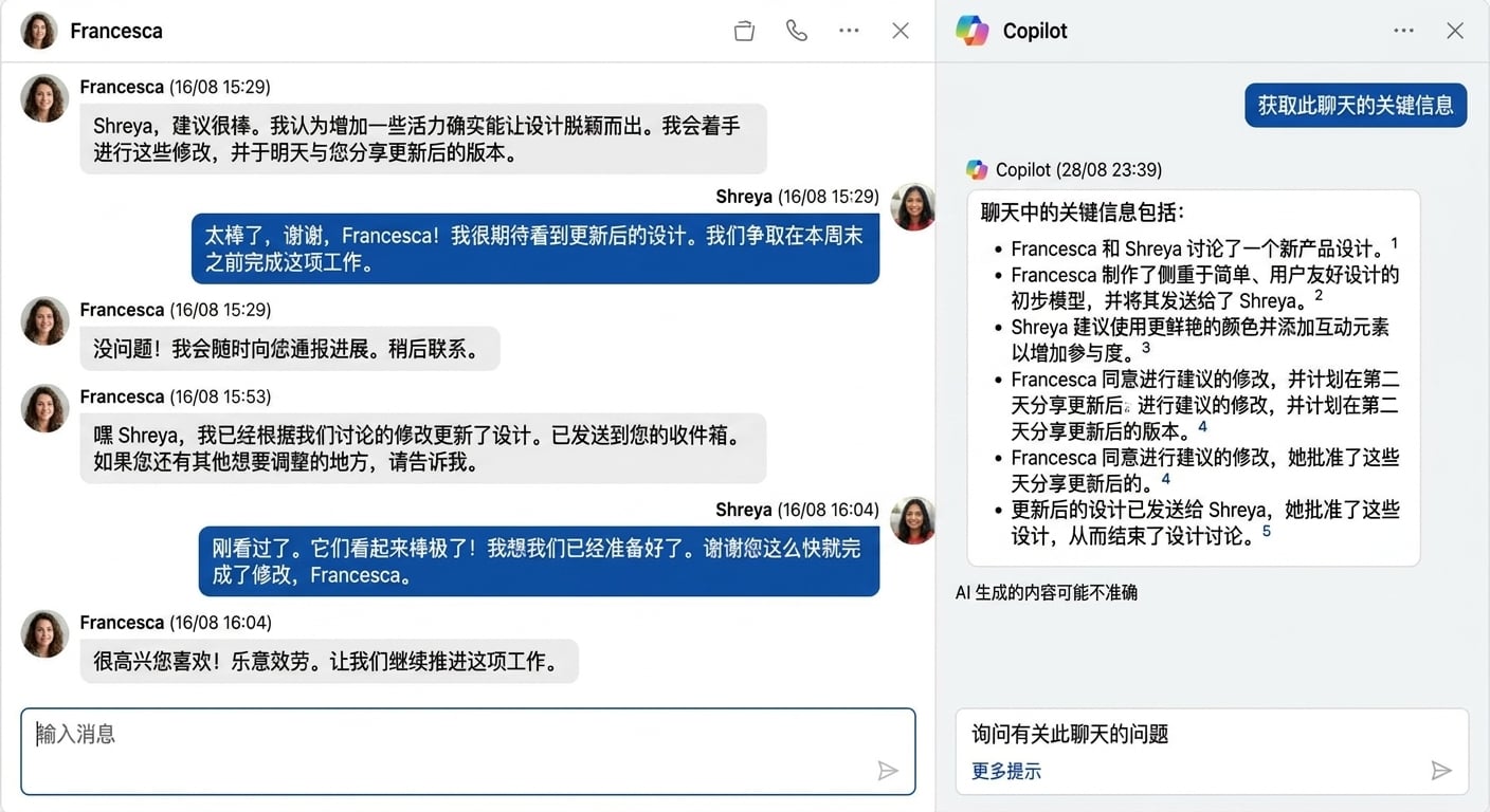 Copilot 提取聊天中的关键信息。