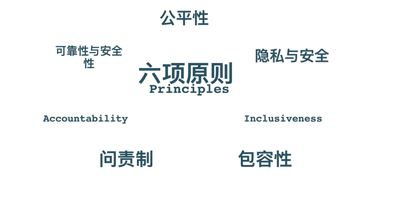 文字"六项原则"，周围写有这些原则的术语：公平、隐私与安全、可靠性与安全性、问责、包容性