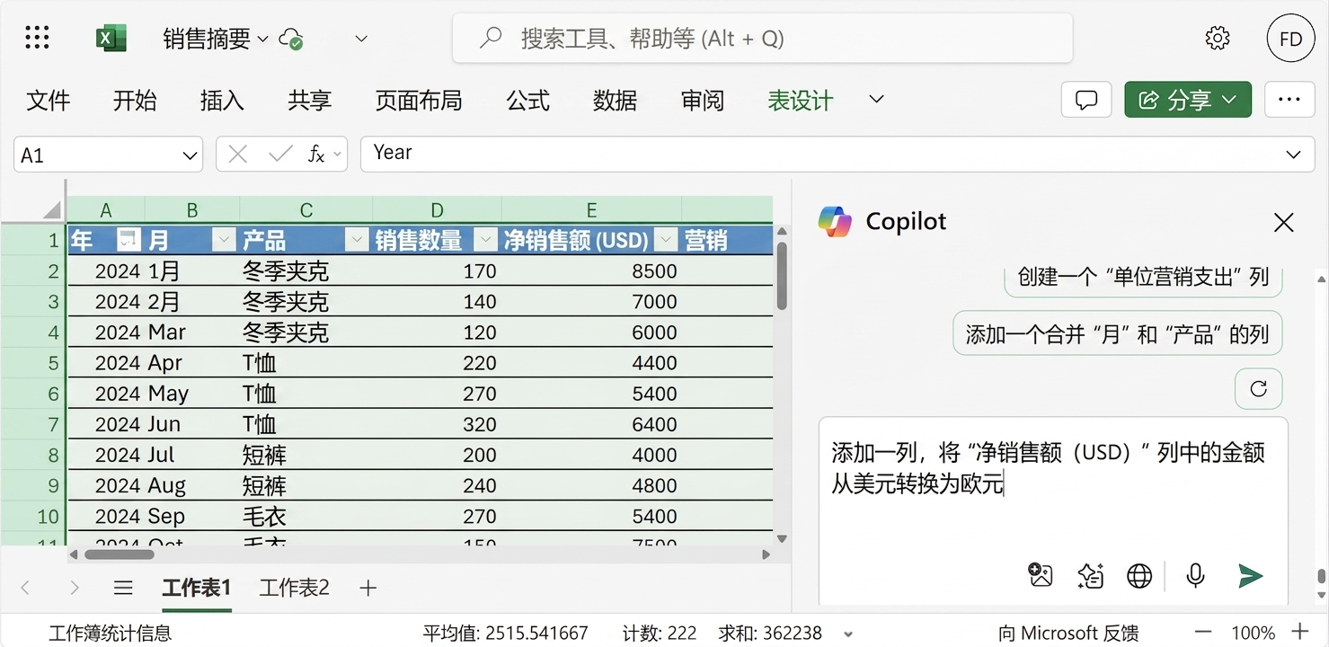 打开的 Excel 文档，显示服装产品数据；侧边 Copilot 聊天中用户请求将数值转换为欧元。