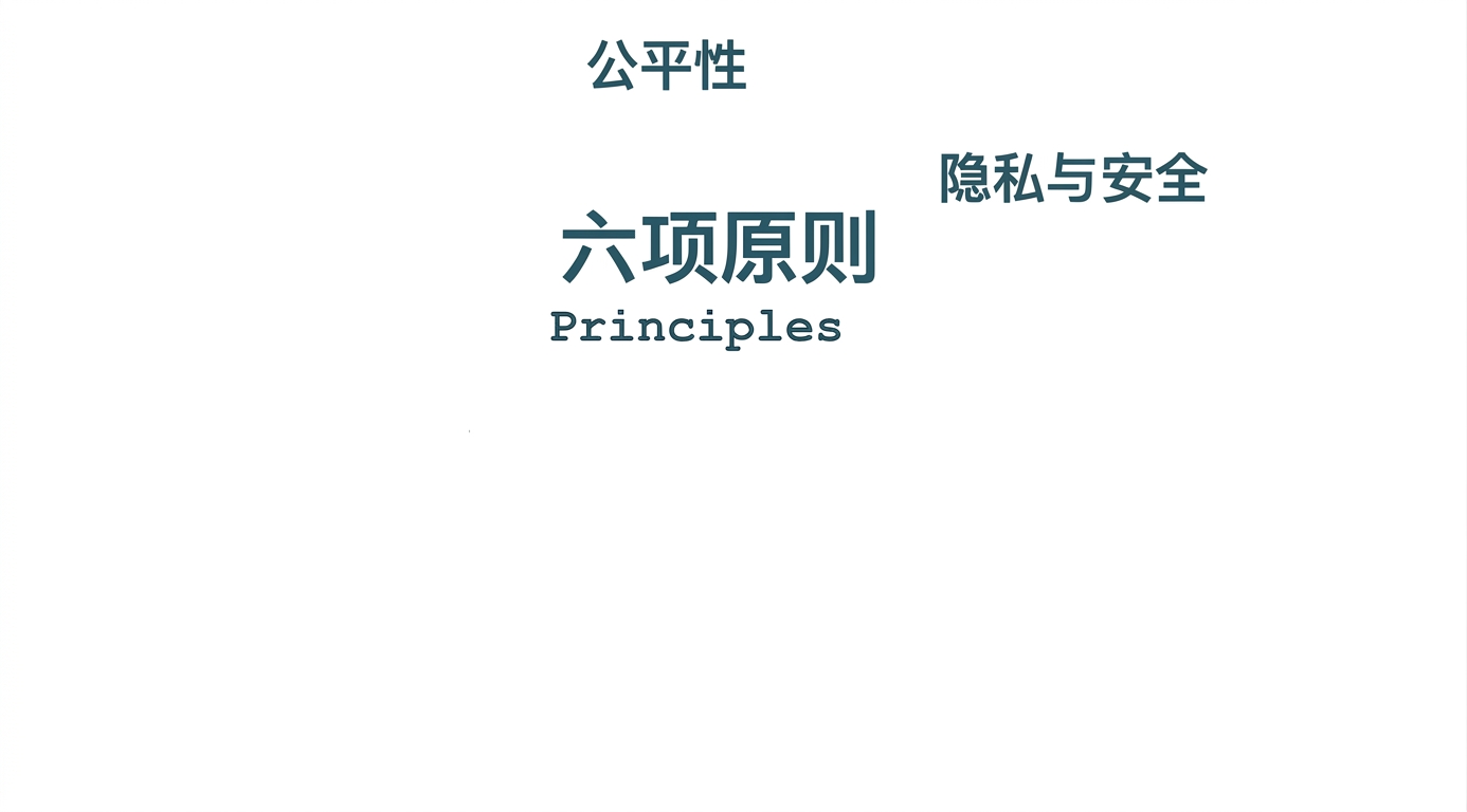 文字"六项原则"，周围写有这些原则的术语：公平、隐私与安全