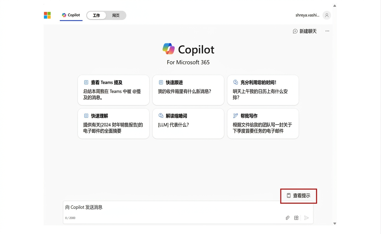 Microsoft 365 版 Copilot 主页，带有查看提示的选项。