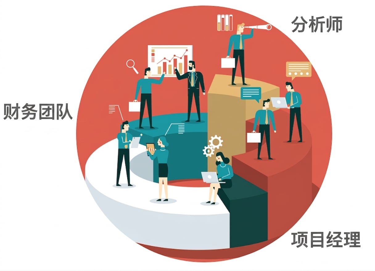财务人员、分析师、项目经理和行政人员在协作环境中工作的插图，代表知识型员工。