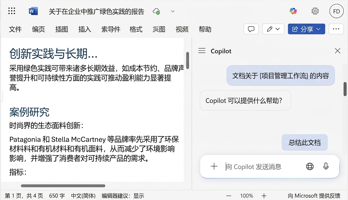 打开的 Word 文档，侧边为 Copilot 聊天，用户请求总结文档。