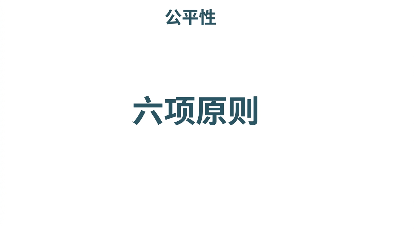 文字"六项原则"，周围写有这些原则的术语：公平