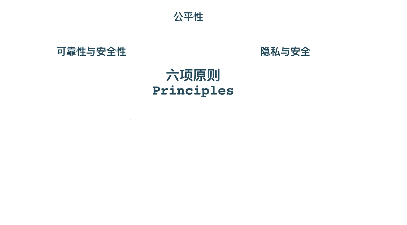 文字"六项原则"，周围写有这些原则的术语：公平、隐私与安全、可靠性与安全性